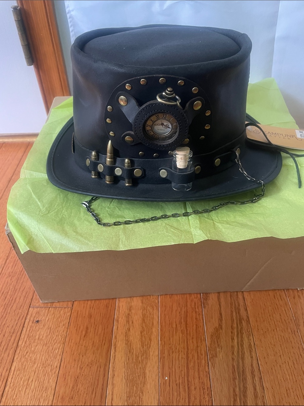 Black Steampunk Top Hat with Clock and Brass Accents